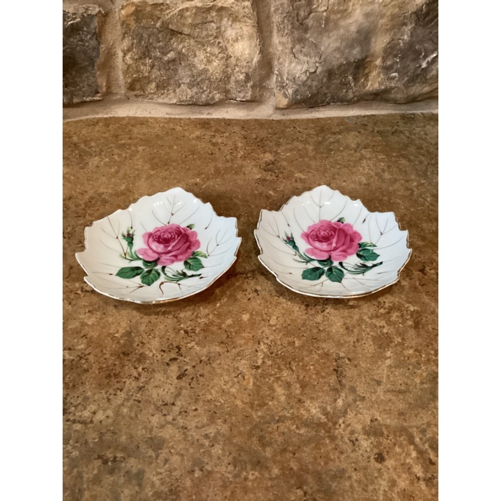 Vintage Nasco Trinket Dish Pink Rose Set Of 2 Leaf Shape Gold Paint 4.5" Japan